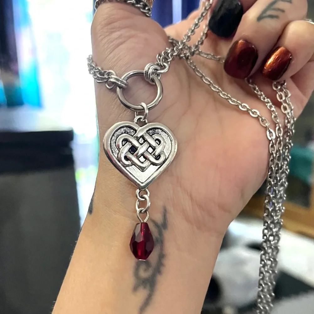 Double chain necklace celtic heart knot & dangly red crystal goth boho silver_2